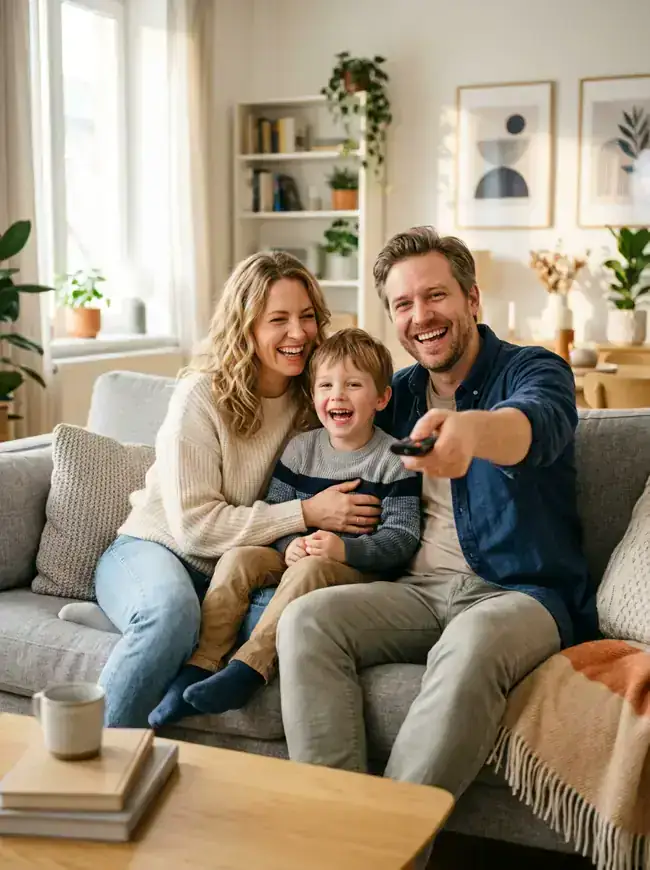 Famille regardant la télévision en 4K avec un Abonnement IPTV Smarters Pro Premium